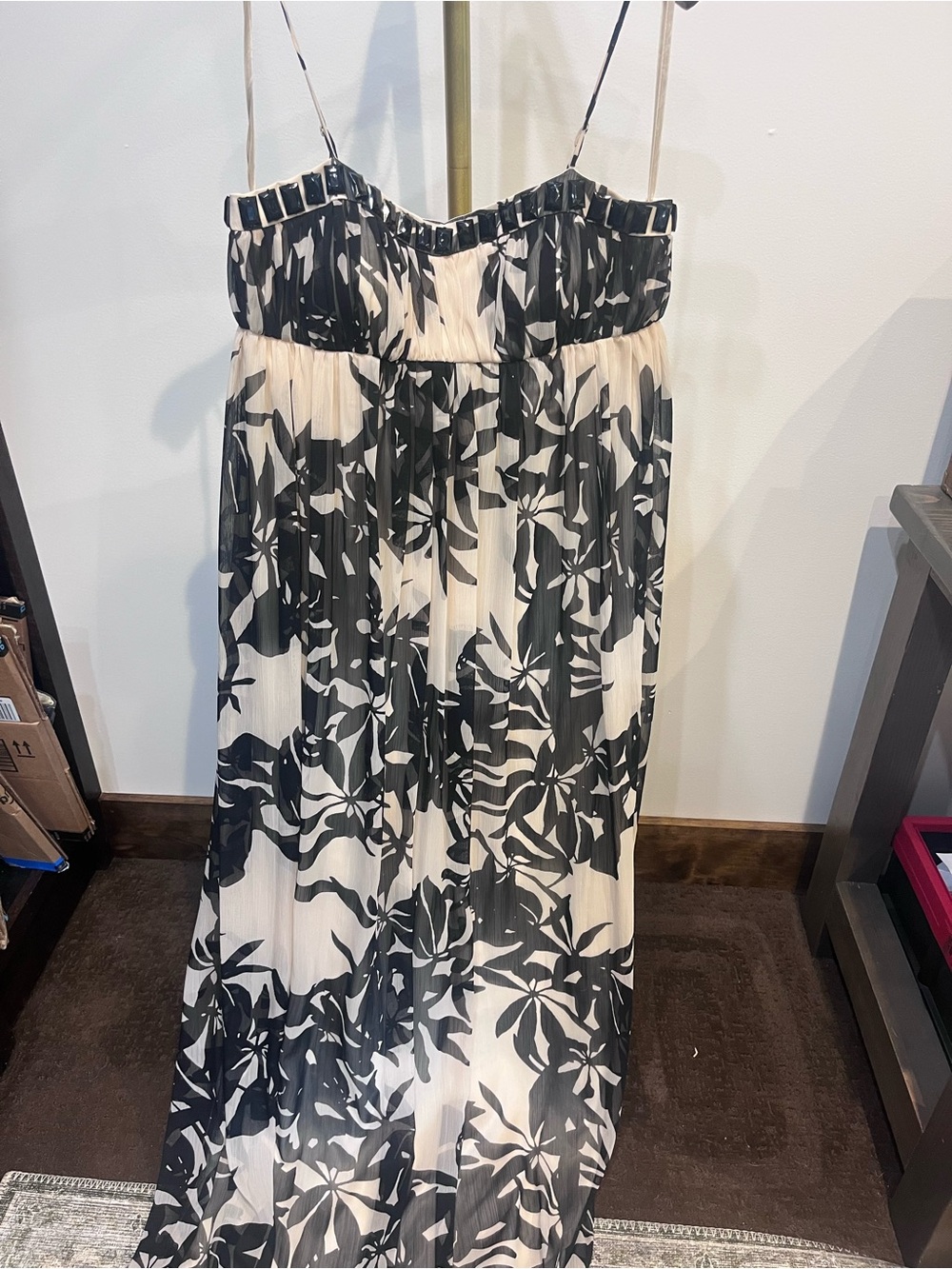 BCBG Black and White Floral Pleated Maxi Dress